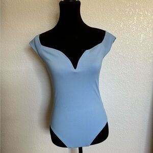 Express off-the-shoulder, body-contour collection body suit | blue | size M